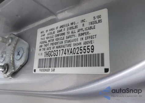 2000 Honda Accord 2.3 Ex from USA, damaged, VIN 1HGCG3174YA025559